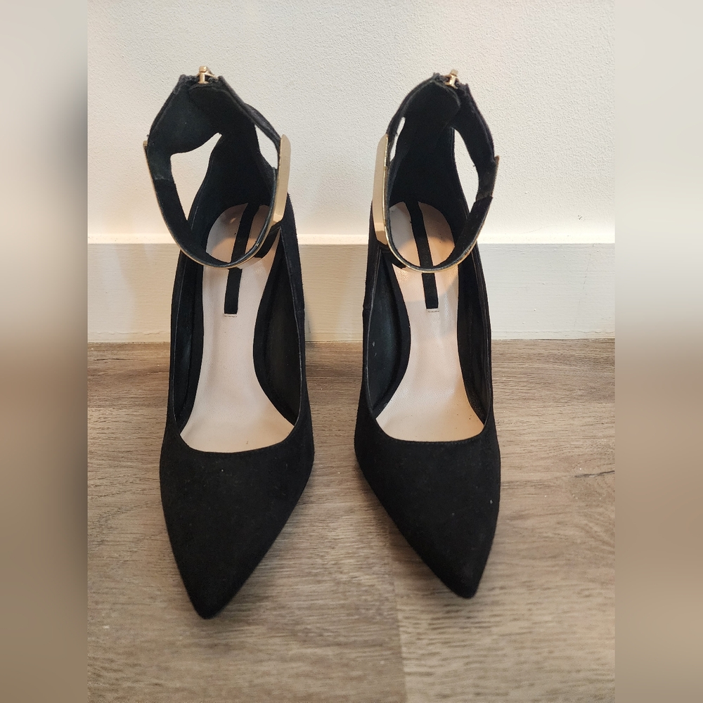 Zara Black Suede Heels with Gold Metal Ankle Wrap Detail